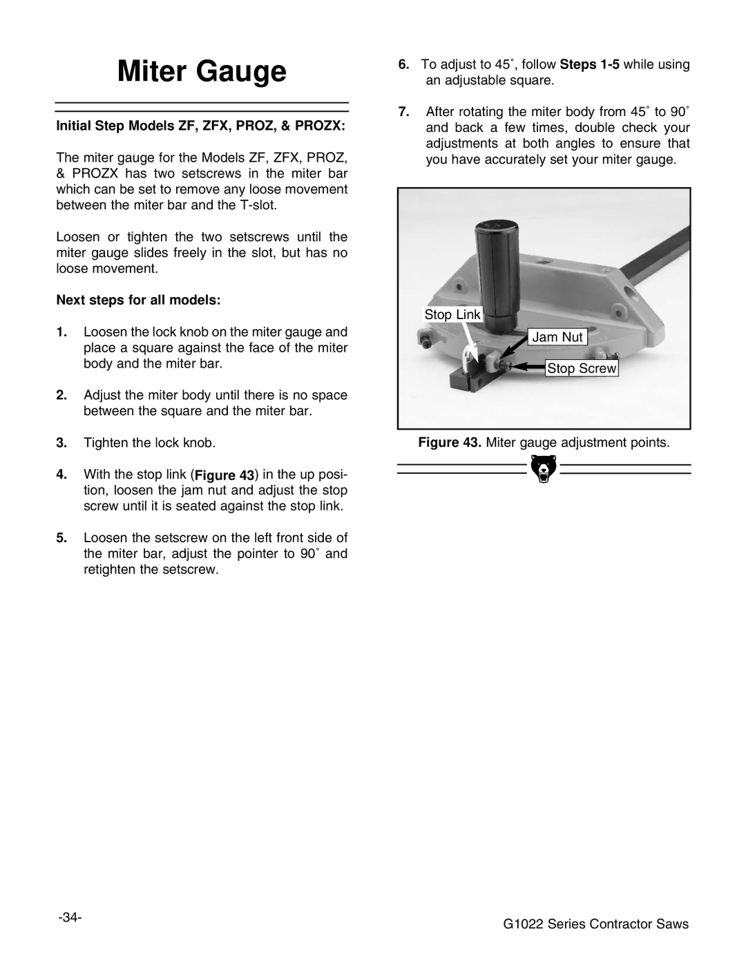 Grizzly & G1022PROZX instruction manual Miter Gauge, Initial Step Models ZF, ZFX, PROZ, & Prozx, Next steps for all models 