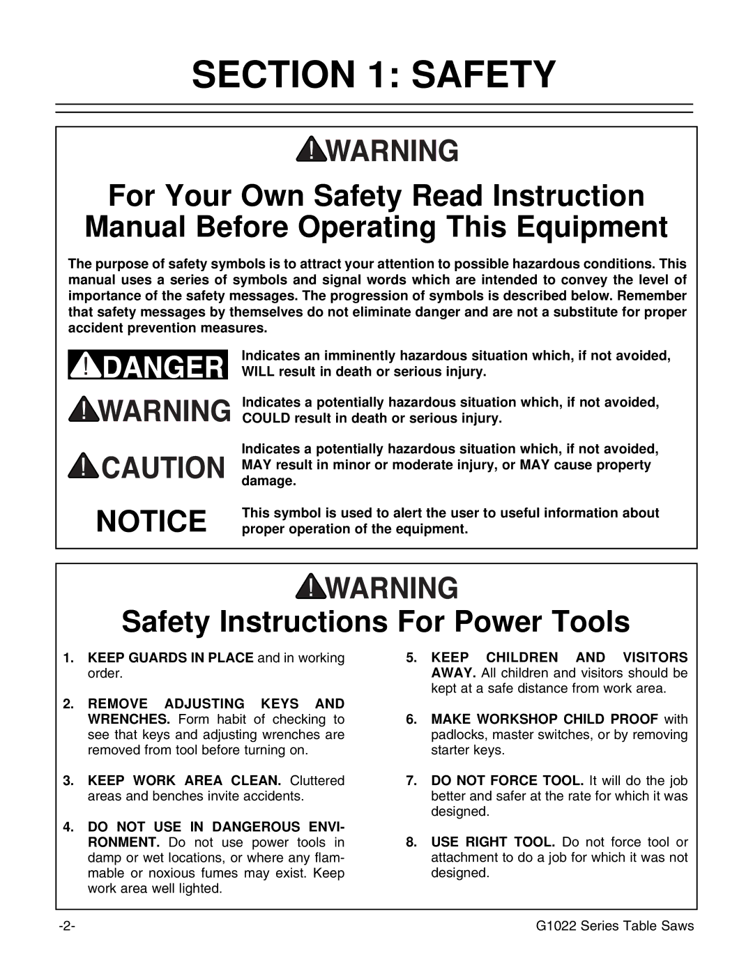 Grizzly & G1022PROZX instruction manual Safety Instructions For Power Tools 