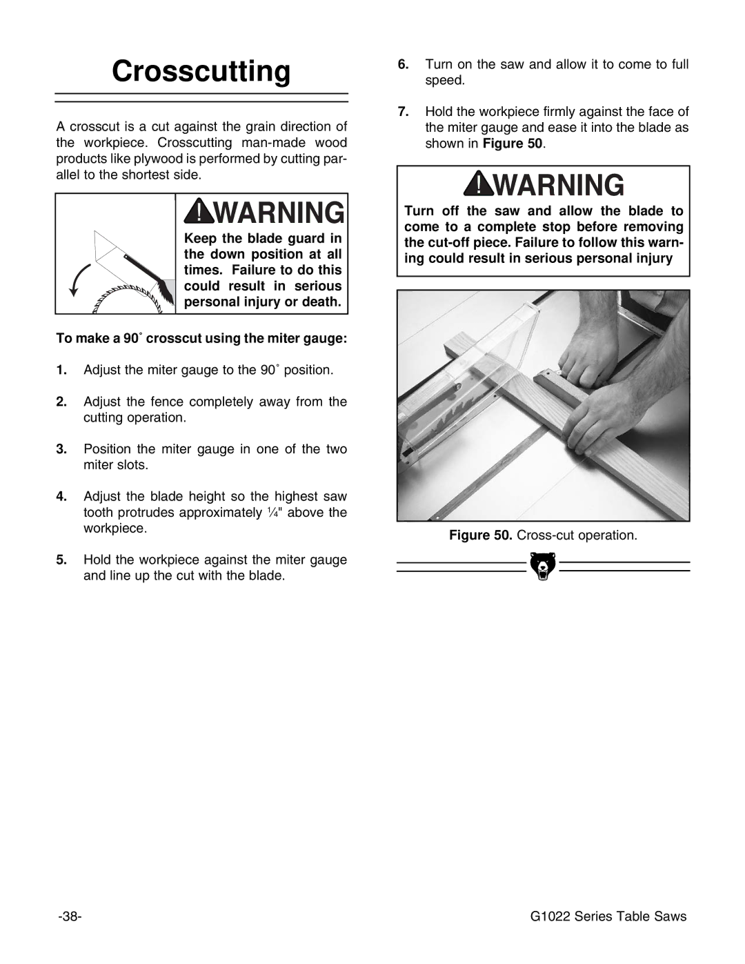 Grizzly & G1022PROZX instruction manual Crosscutting, Cross-cut operation G1022 Series Table Saws 