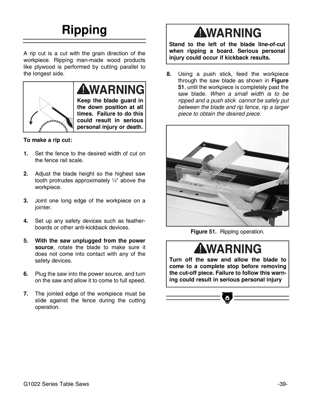 Grizzly & G1022PROZX instruction manual Ripping operation 