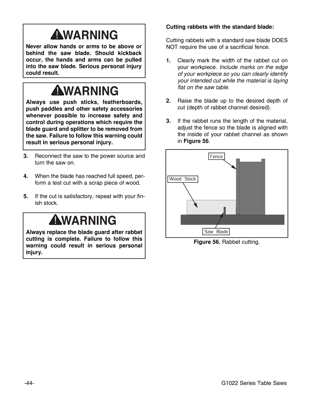 Grizzly & G1022PROZX instruction manual Cutting rabbets with the standard blade 