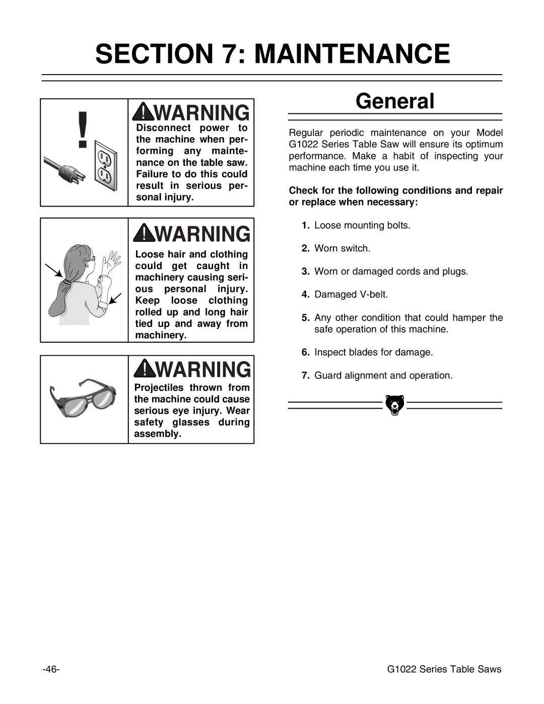 Grizzly & G1022PROZX instruction manual Maintenance, General 