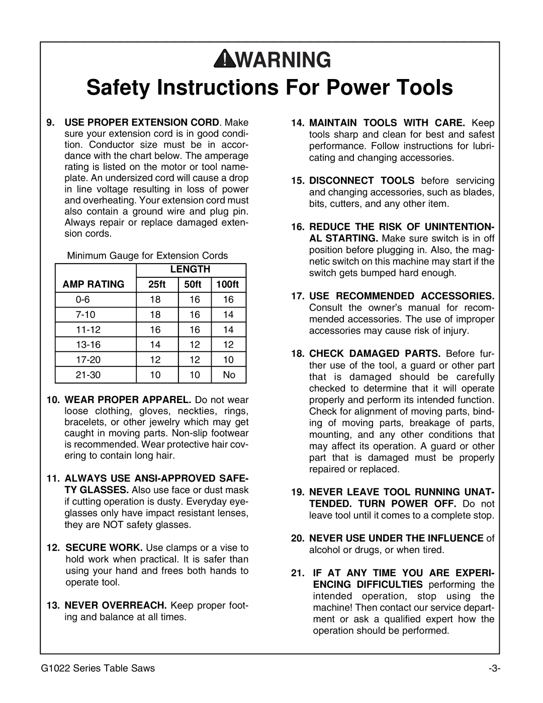 Grizzly & G1022PROZX instruction manual AMP Rating, 25ft 50ft 100ft 