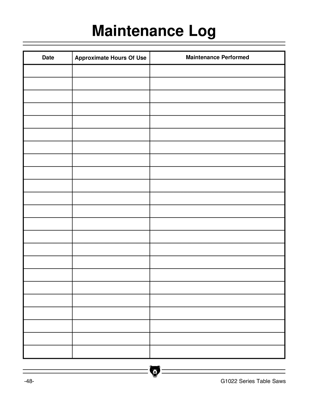 Grizzly & G1022PROZX instruction manual Date Approximate Hours Of Use Maintenance Performed 