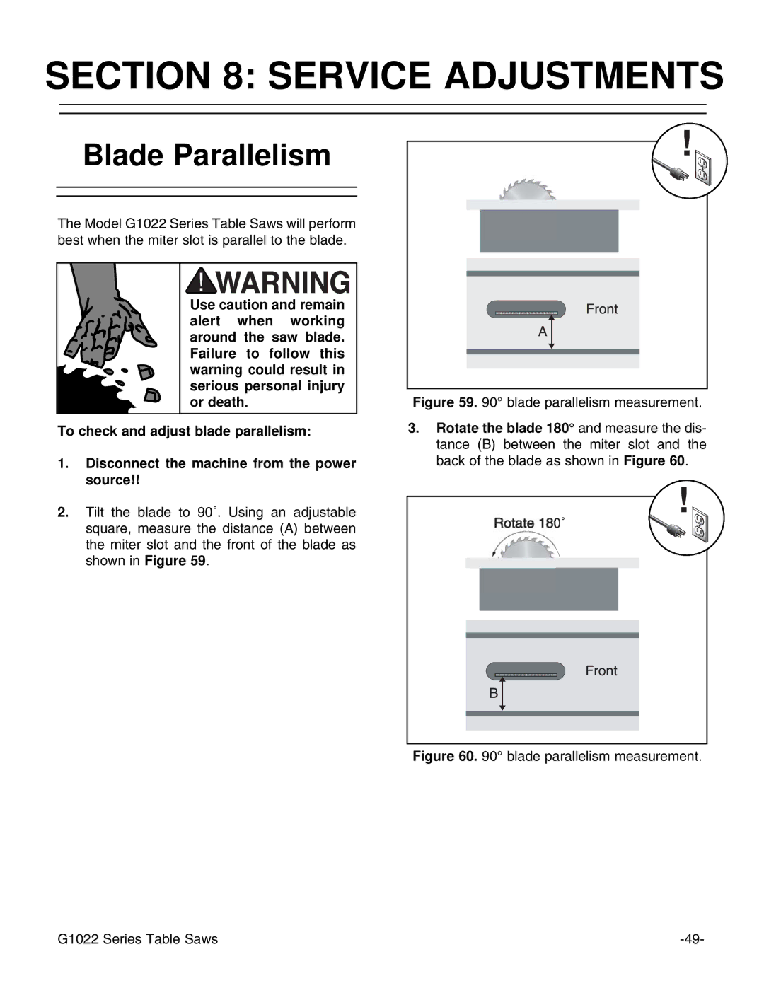 Grizzly & G1022PROZX instruction manual Service Adjustments, Blade Parallelism 