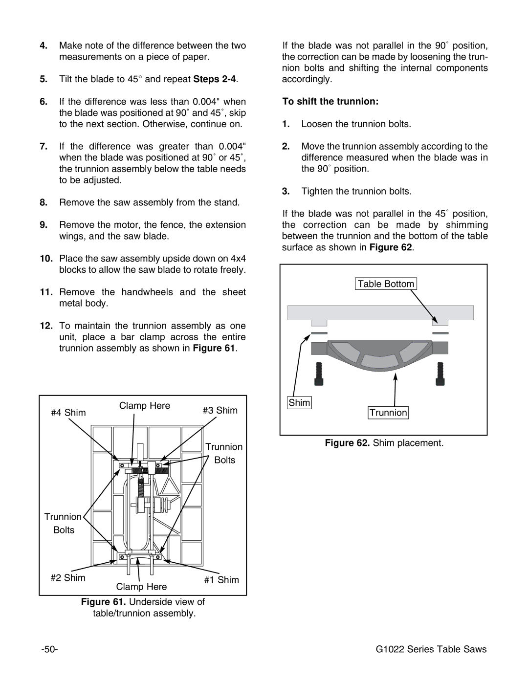 Grizzly & G1022PROZX instruction manual To shift the trunnion, Shim placement G1022 Series Table Saws 