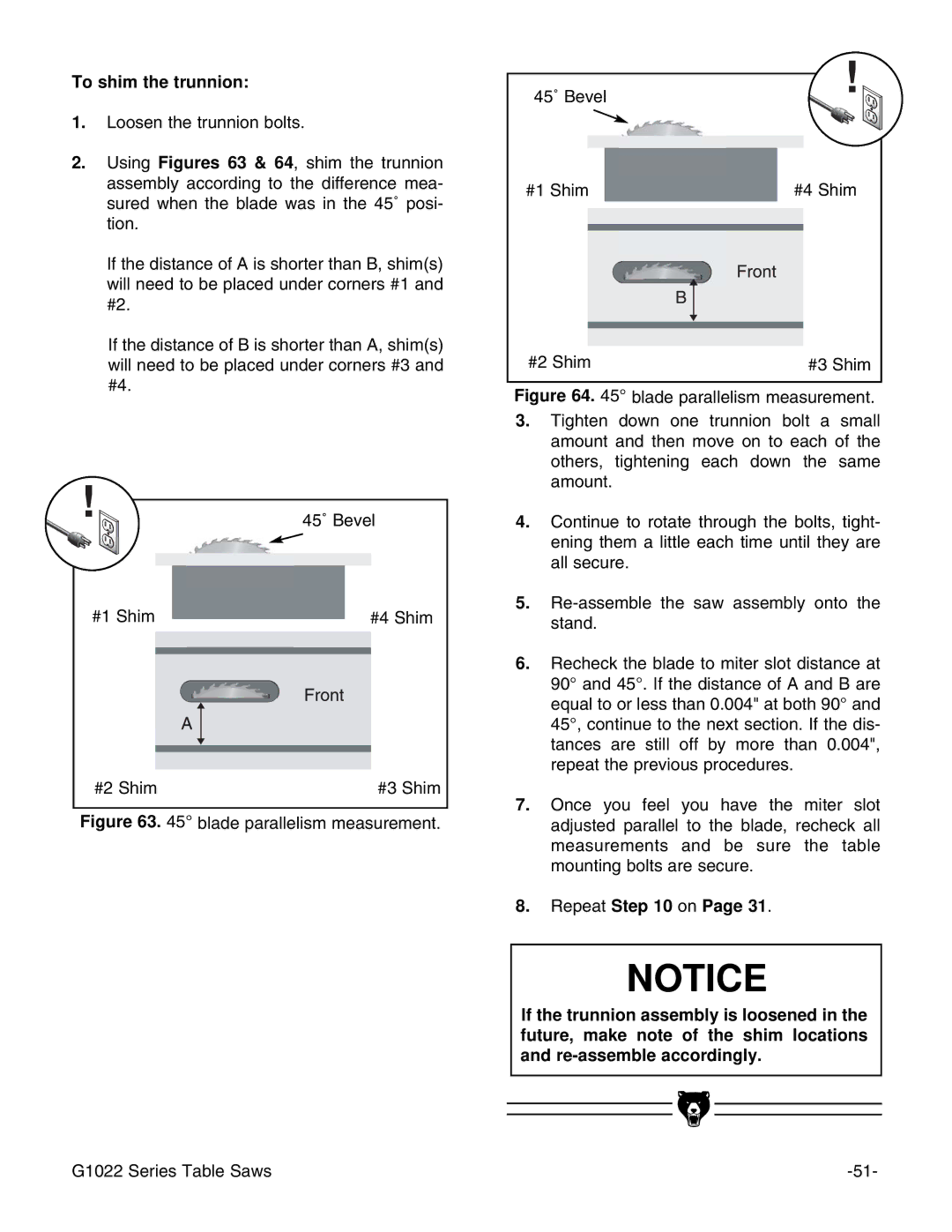 Grizzly & G1022PROZX instruction manual To shim the trunnion 