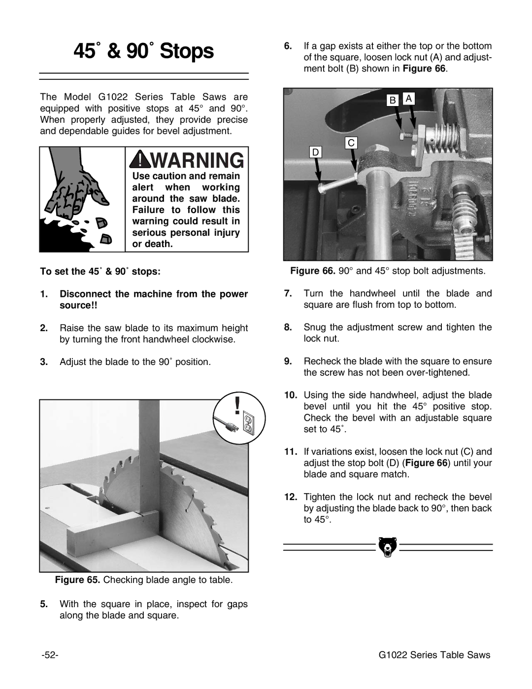 Grizzly & G1022PROZX instruction manual 45˚ & 90˚ Stops 