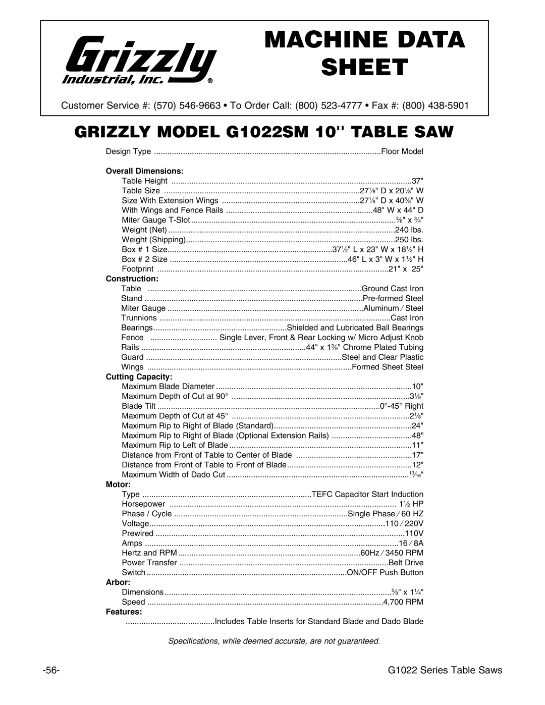 Grizzly & G1022PROZX instruction manual Machine Data Sheet 