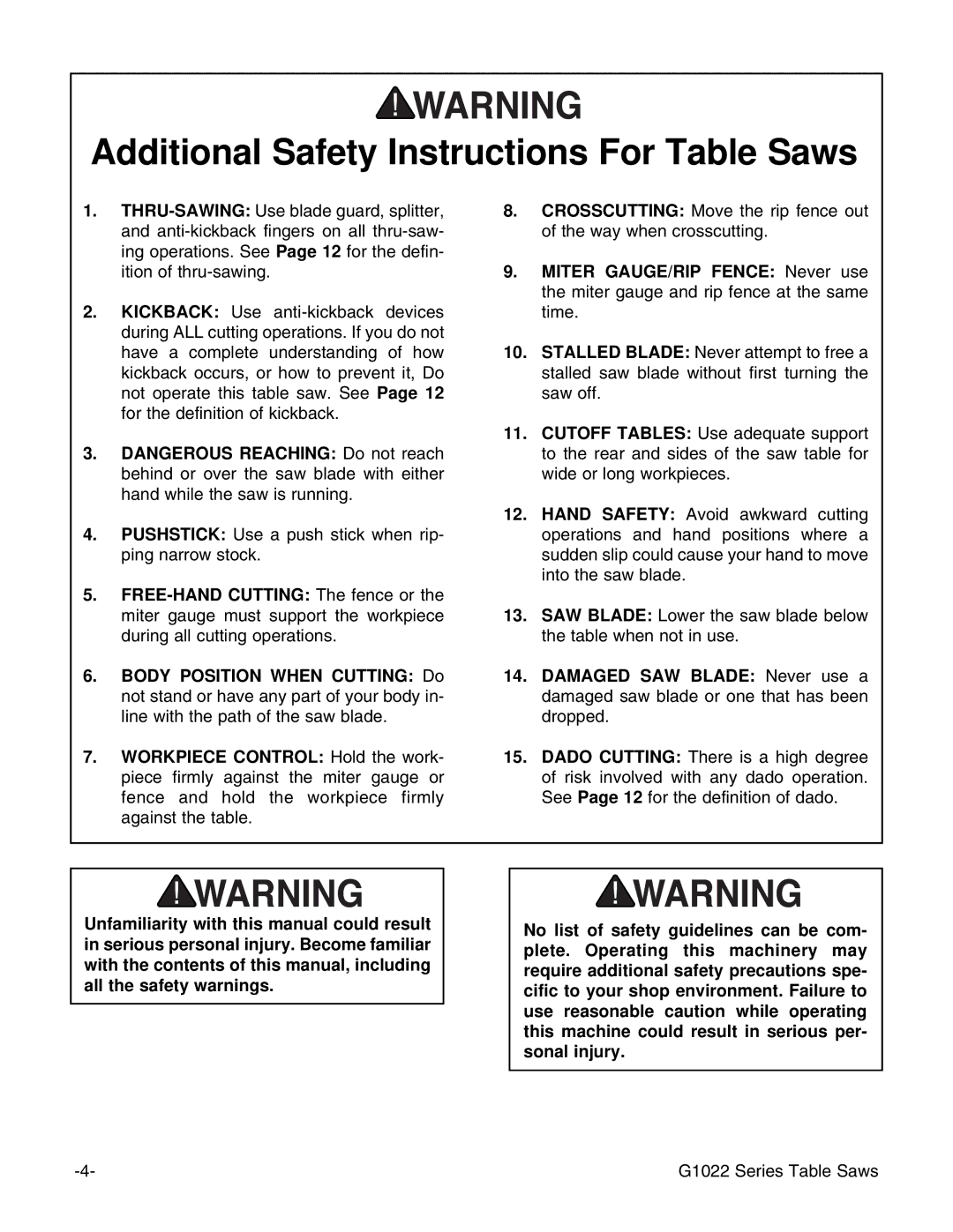 Grizzly & G1022PROZX instruction manual Additional Safety Instructions For Table Saws 