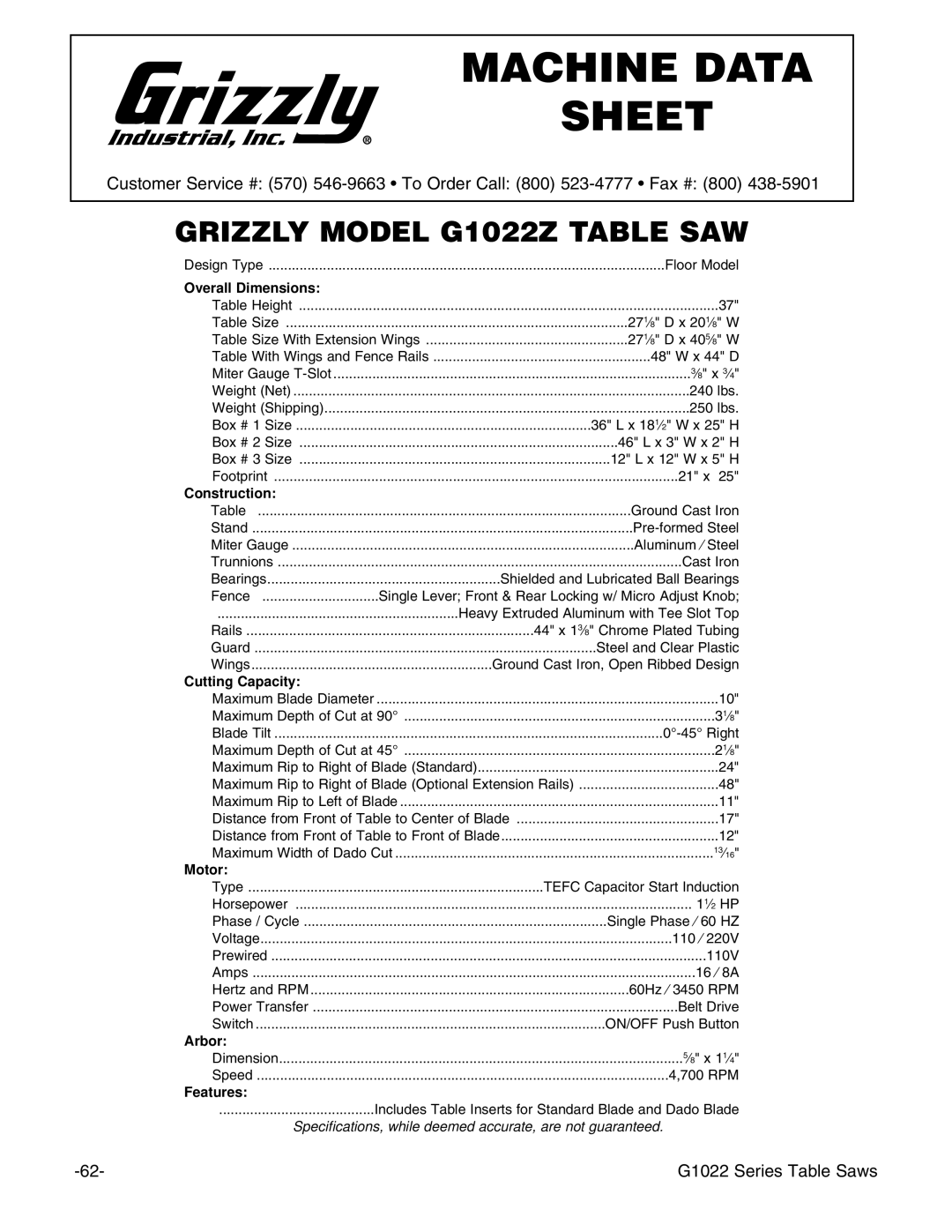 Grizzly & G1022PROZX instruction manual Grizzly Model G1022Z Table SAW 