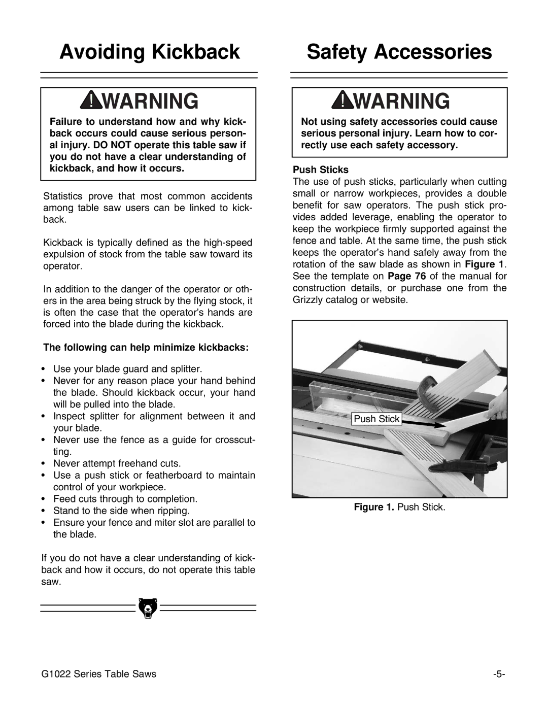 Grizzly & G1022PROZX instruction manual Avoiding Kickback Safety Accessories, Following can help minimize kickbacks 