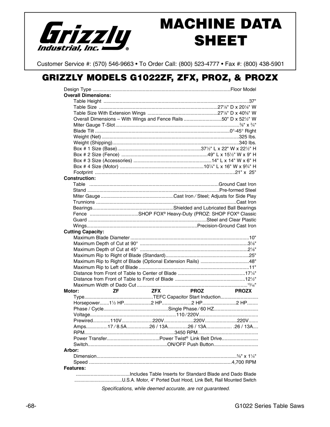 Grizzly & G1022PROZX instruction manual Grizzly Models G1022ZF, ZFX, PROZ, & Prozx 