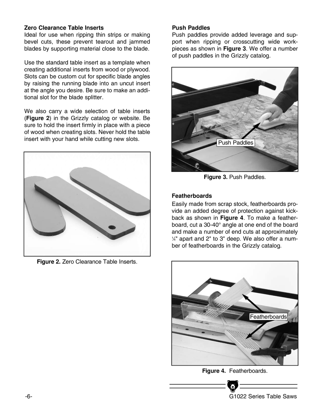 Grizzly & G1022PROZX instruction manual Zero Clearance Table Inserts, Push Paddles, Featherboards 