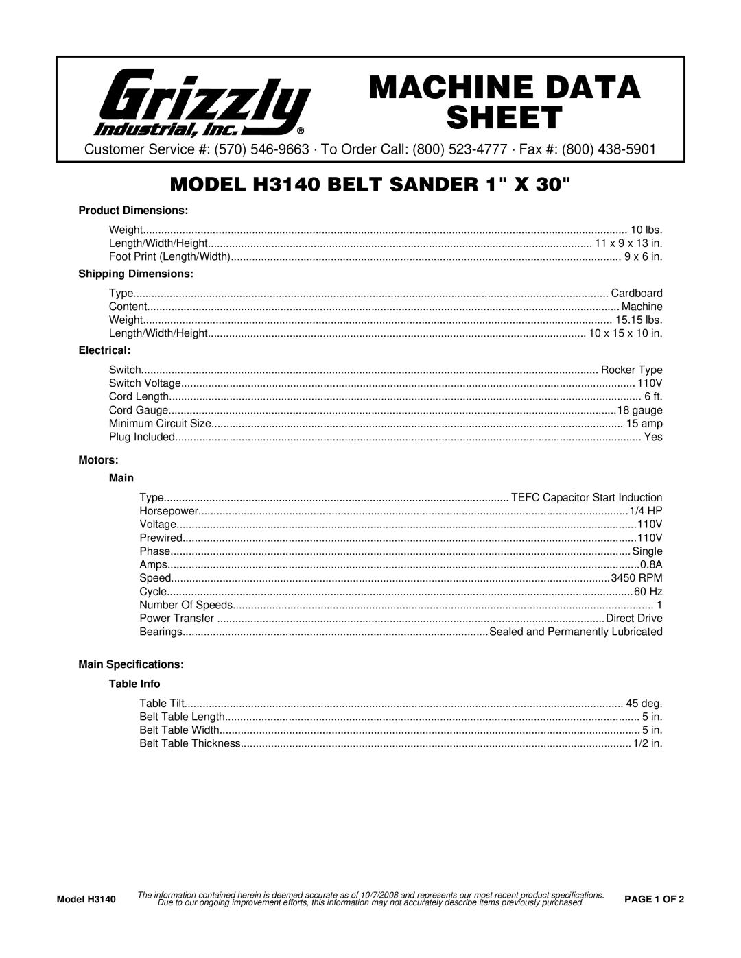 Grizzly FTP-80X, 10/100BASE-TX specifications Product Dimensions, Shipping Dimensions, Electrical, Motors Main 