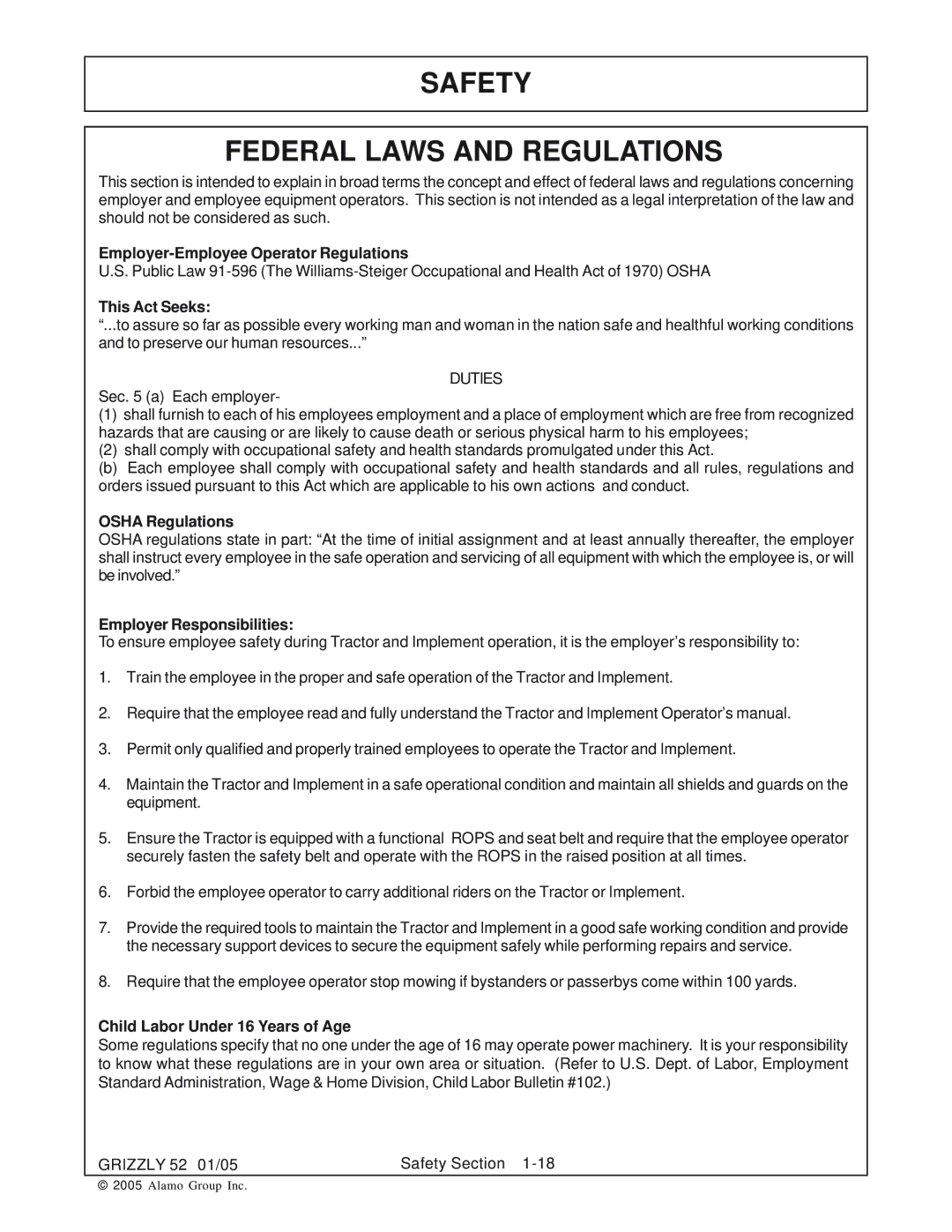 Grizzly 52 manual Safety Federal Laws and Regulations 