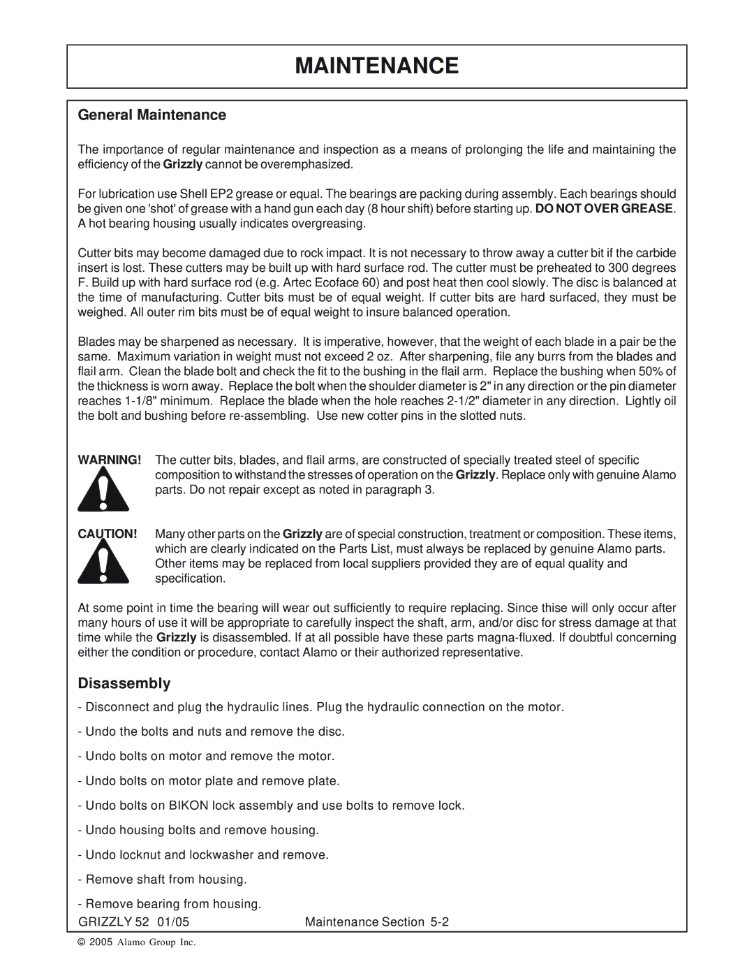 Grizzly 52 manual General Maintenance, Disassembly 