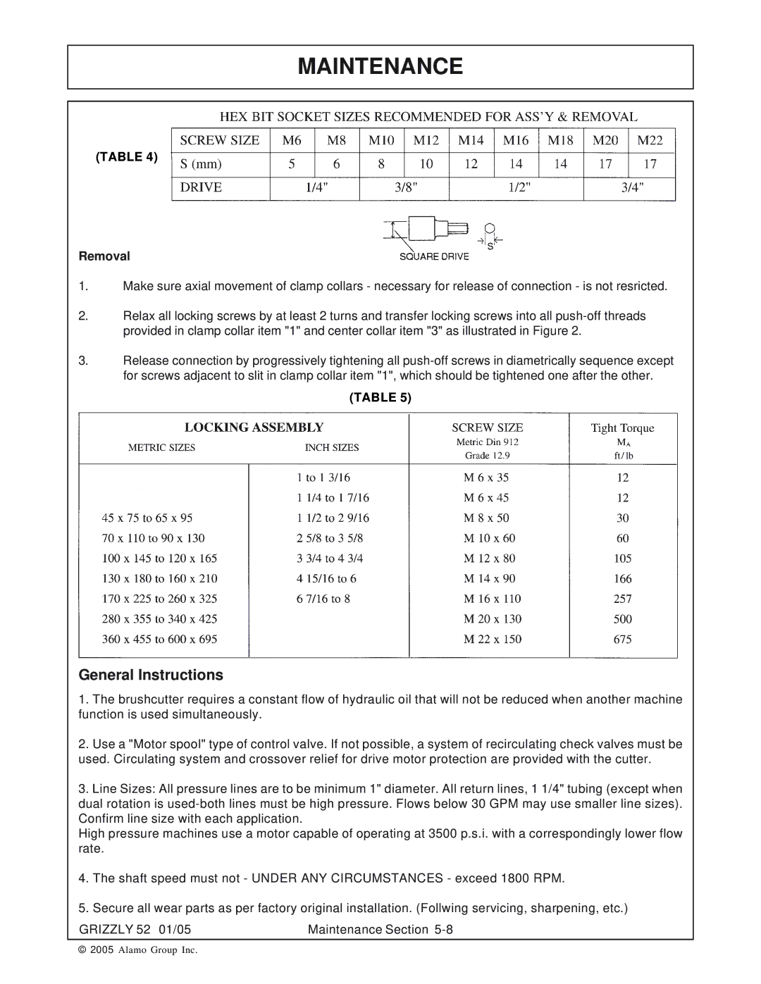 Grizzly 52 manual General Instructions, Removal 