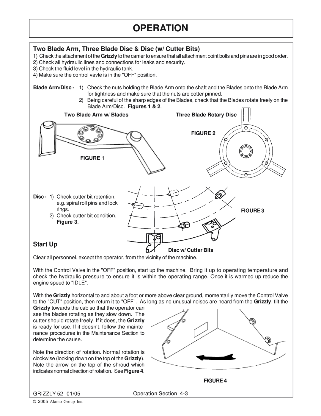 Grizzly 52 manual Operation, Two Blade Arm w/ Blades, Three Blade Rotary Disc, Disc w/ Cutter Bits 
