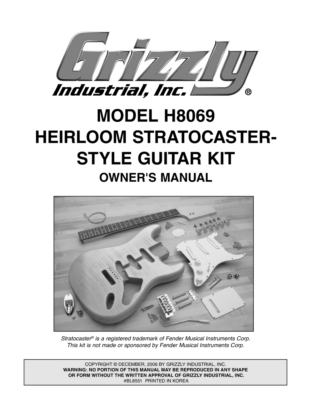 Grizzly BL8551 owner manual Model H8069 Heirloom Stratocaster Style Guitar KIT 