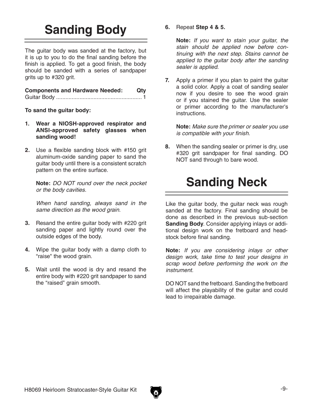 Grizzly BL8551 owner manual Sanding Body, Sanding Neck, Components and Hardware Needed Qty, Repeat 