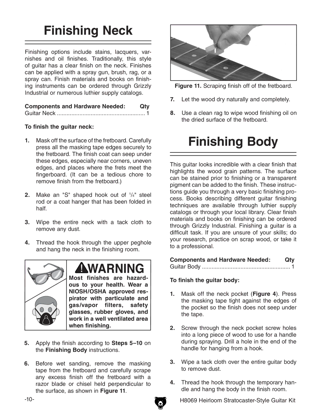 Grizzly BL8551 owner manual Finishing Neck, Finishing Body, To finish the guitar neck, To finish the guitar body 