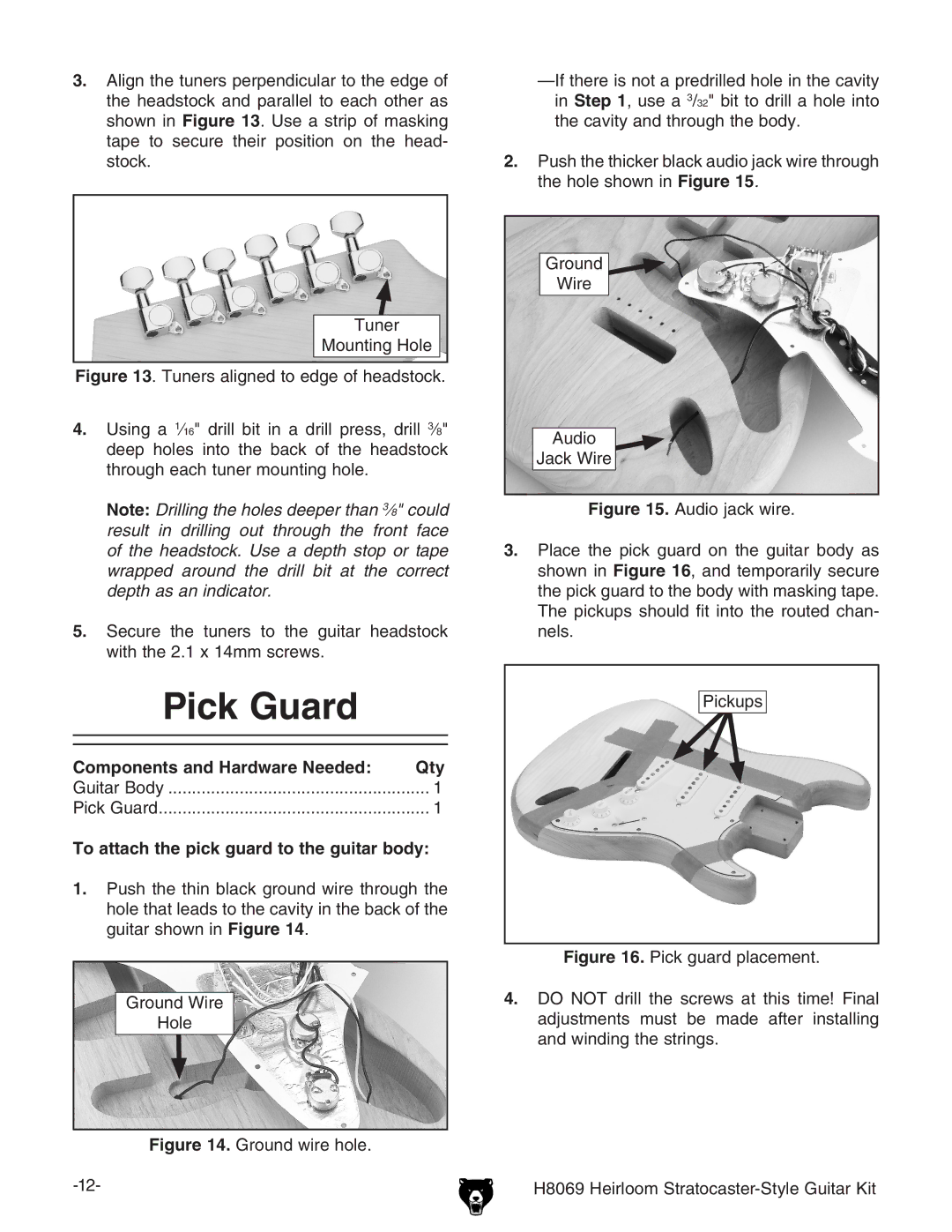 Grizzly BL8551 owner manual Pick Guard, To attach the pick guard to the guitar body 