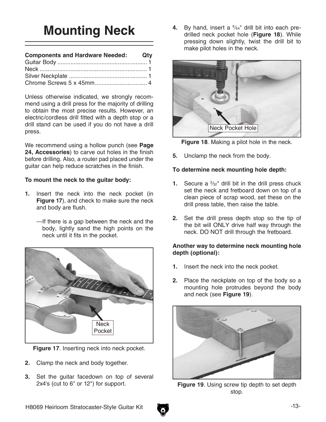 Grizzly BL8551 owner manual Mounting Neck, To mount the neck to the guitar body, To determine neck mounting hole depth 