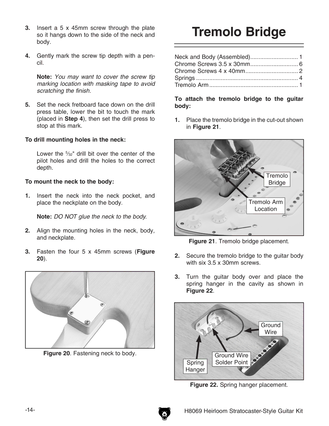 Grizzly BL8551 owner manual Tremolo Bridge, To drill mounting holes in the neck, To mount the neck to the body 