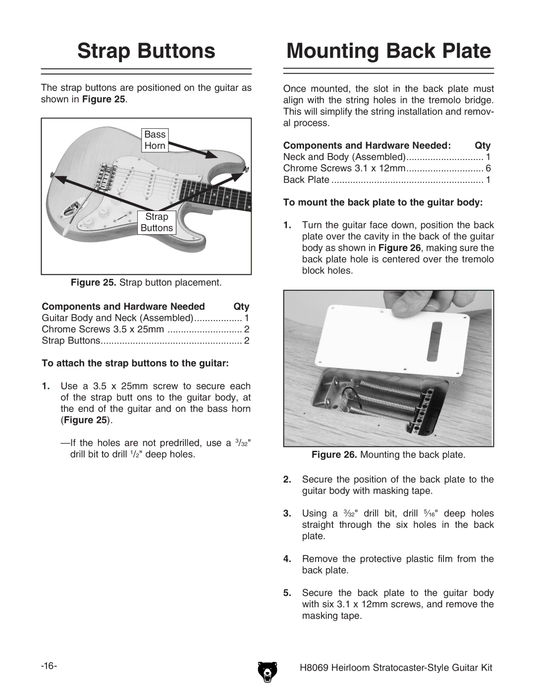 Grizzly BL8551 owner manual Strap Buttons Mounting Back Plate, To mount the back plate to the guitar body 