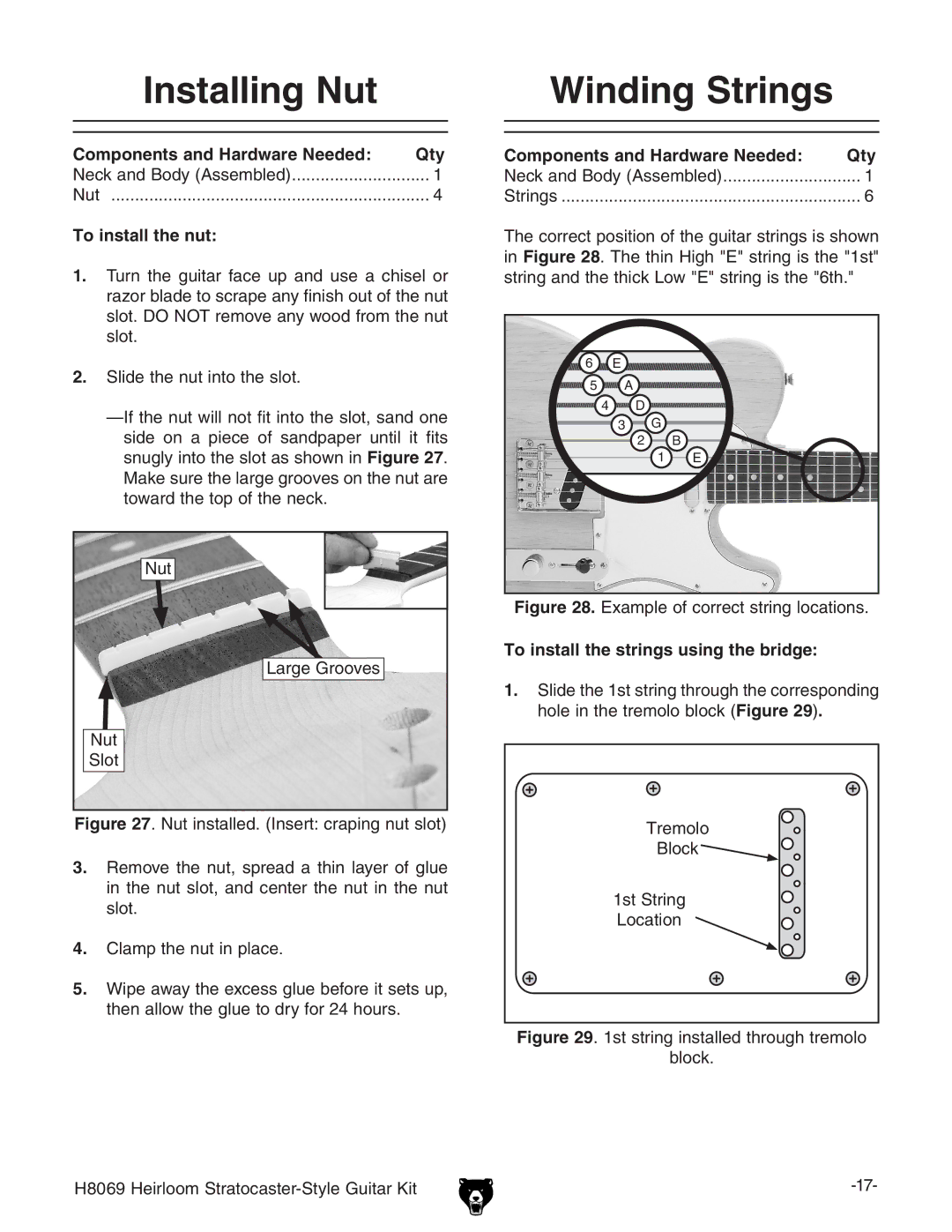 Grizzly BL8551 Installing Nut, Winding Strings, Nut To install the nut, To install the strings using the bridge 