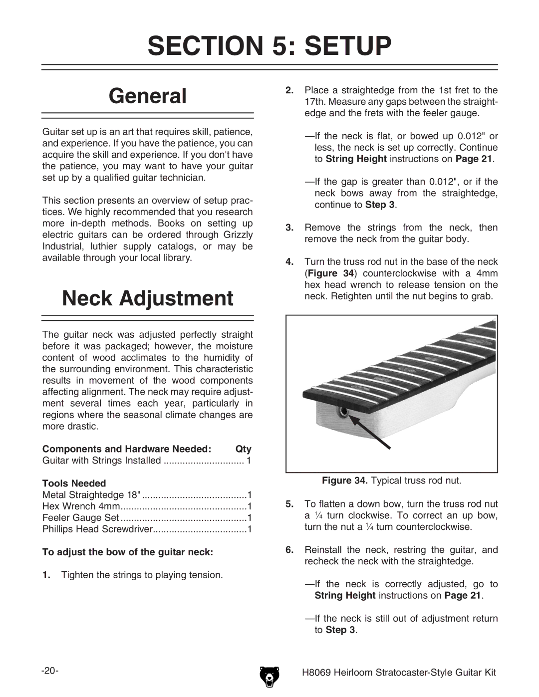 Grizzly BL8551 owner manual Setup, General, Neck Adjustment, Tools Needed, To adjust the bow of the guitar neck 