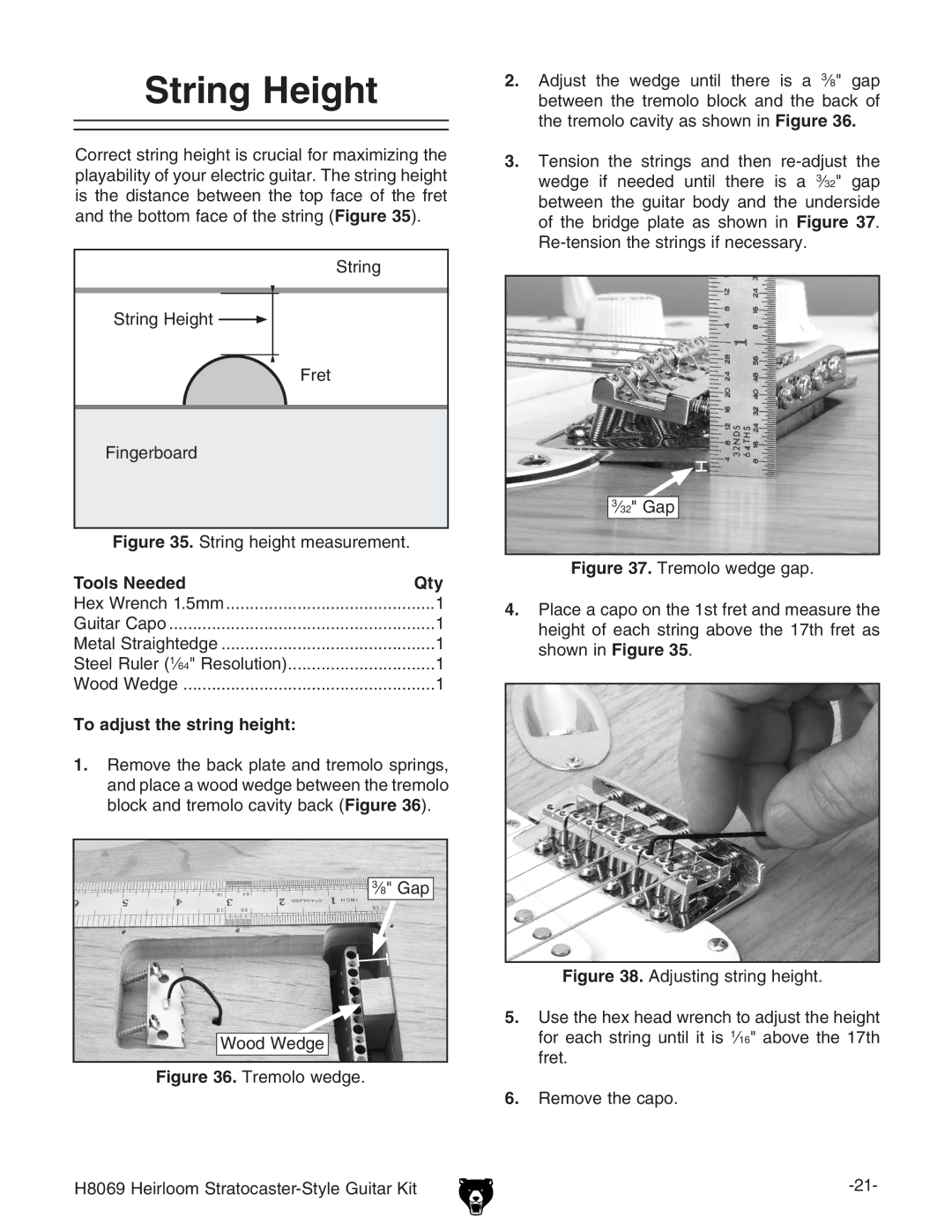 Grizzly BL8551 owner manual String Height, Tools Needed Qty, To adjust the string height 