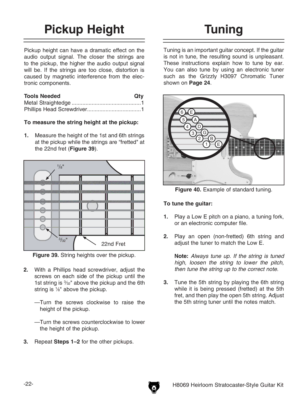 Grizzly BL8551 owner manual Pickup Height Tuning, To measure the string height at the pickup, To tune the guitar 