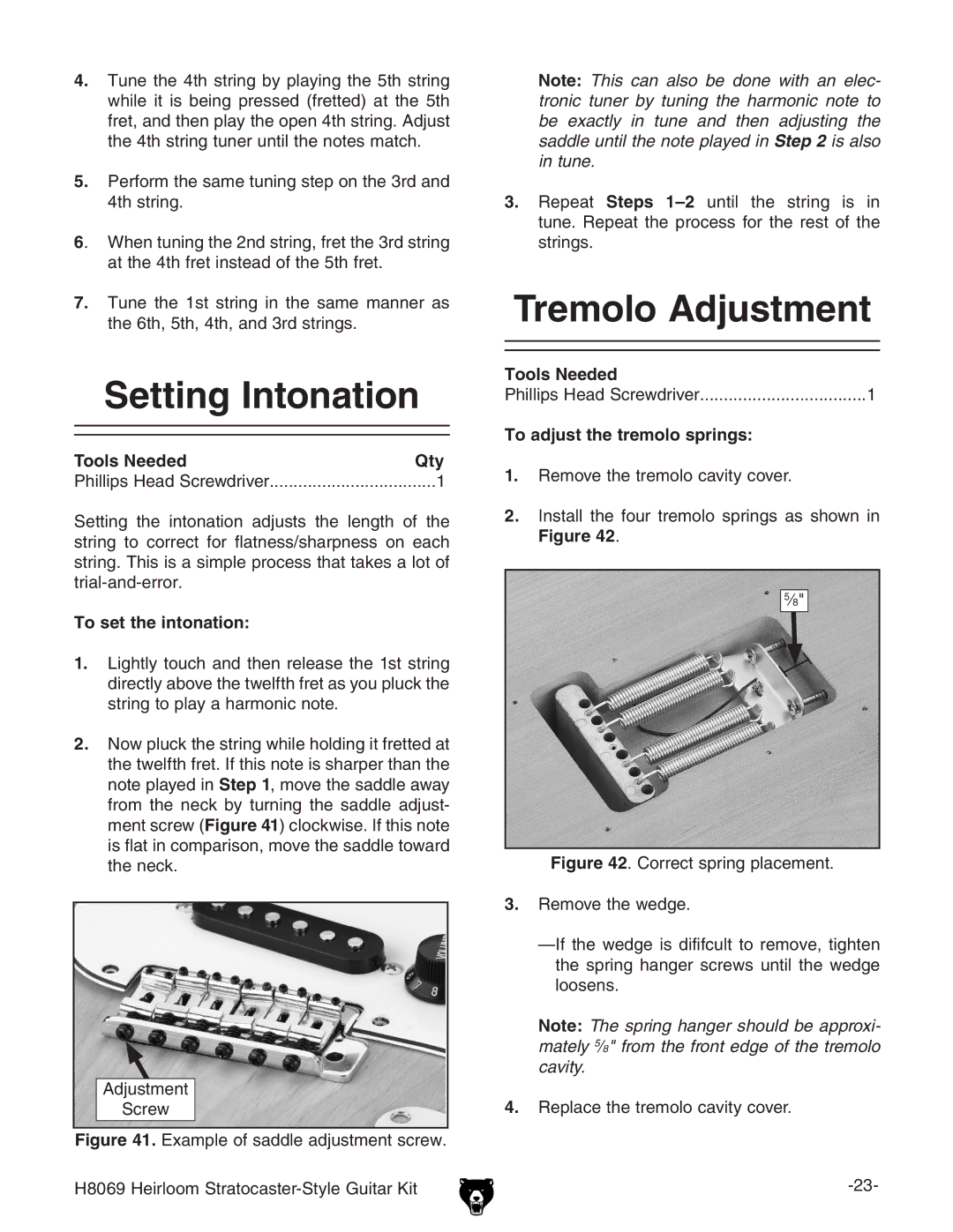 Grizzly BL8551 Setting Intonation, Tremolo Adjustment, Tools Needed Qty Phillips Head Screwdriver, To set the intonation 