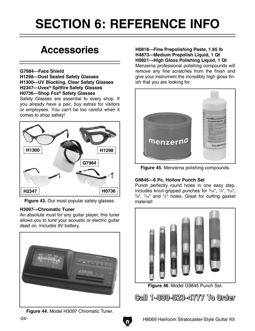 Grizzly BL8551 owner manual Reference Info, Accessories, H3097-Chromatic Tuner, G9845-6 Pc. Hollow Punch Set 