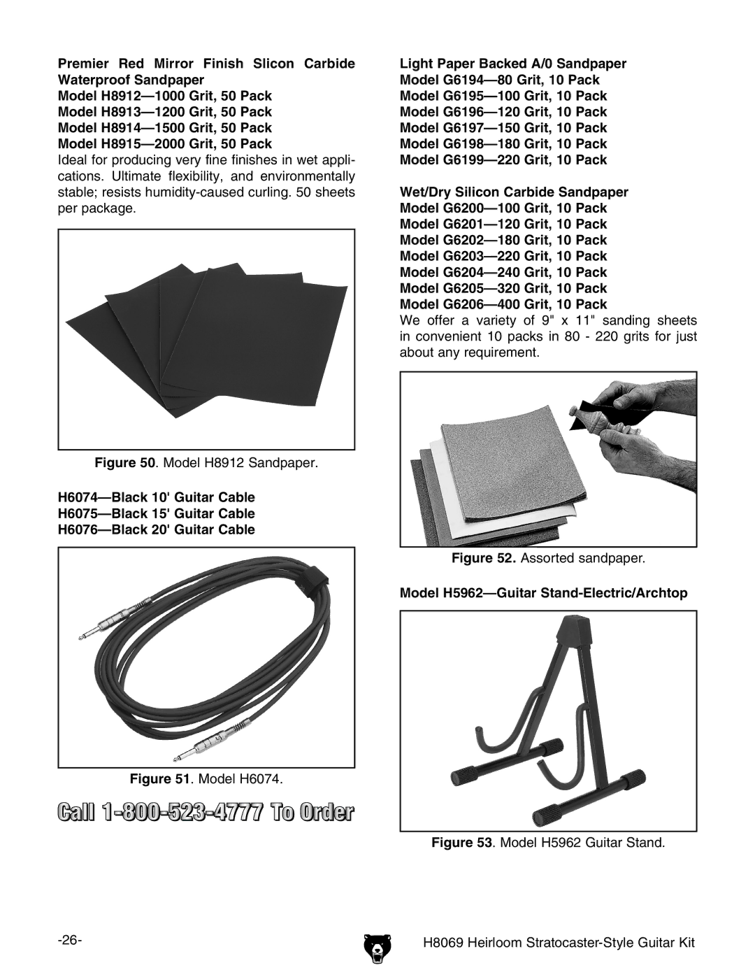 Grizzly BL8551 owner manual Model H8912 Sandpaper, Model H5962-Guitar Stand-Electric/Archtop 