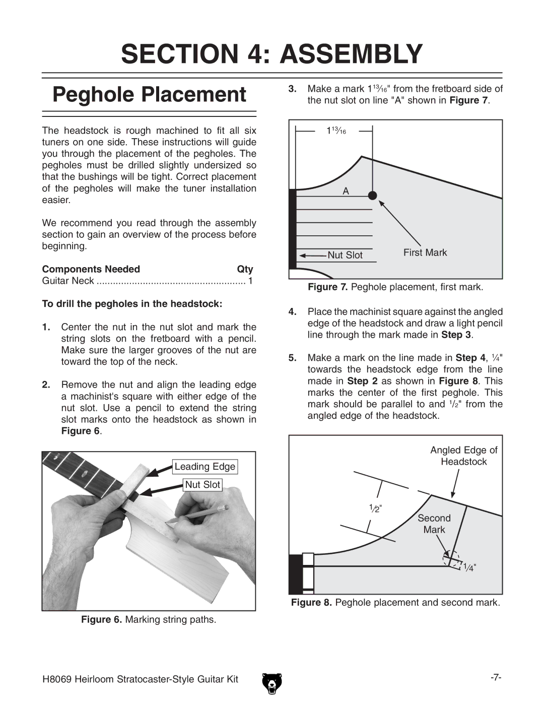 Grizzly BL8551 owner manual Assembly, Peghole Placement, Components Needed Qty, To drill the pegholes in the headstock 