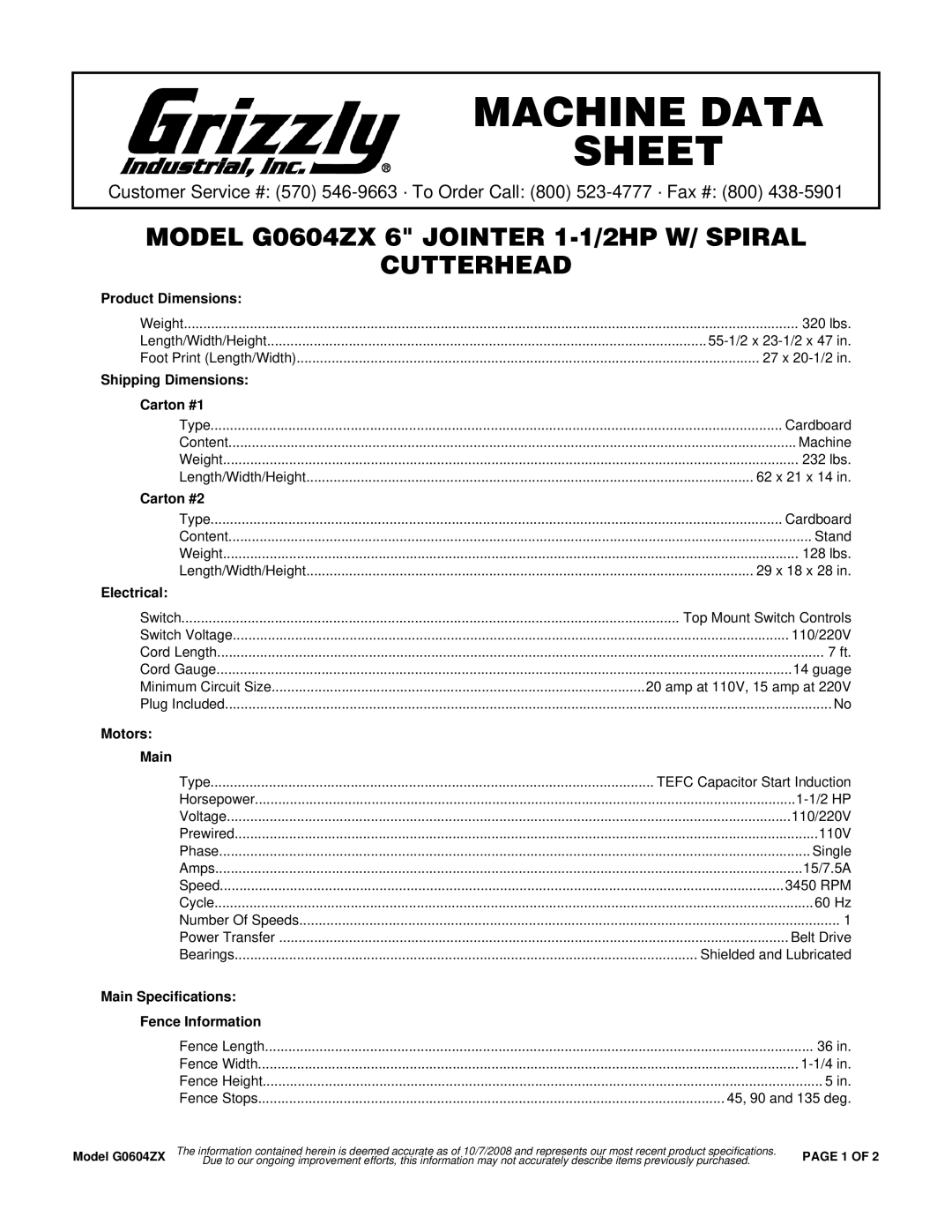 Grizzly BT-160X specifications Product Dimensions, Shipping Dimensions Carton #1, Carton #2, Electrical, Motors Main 