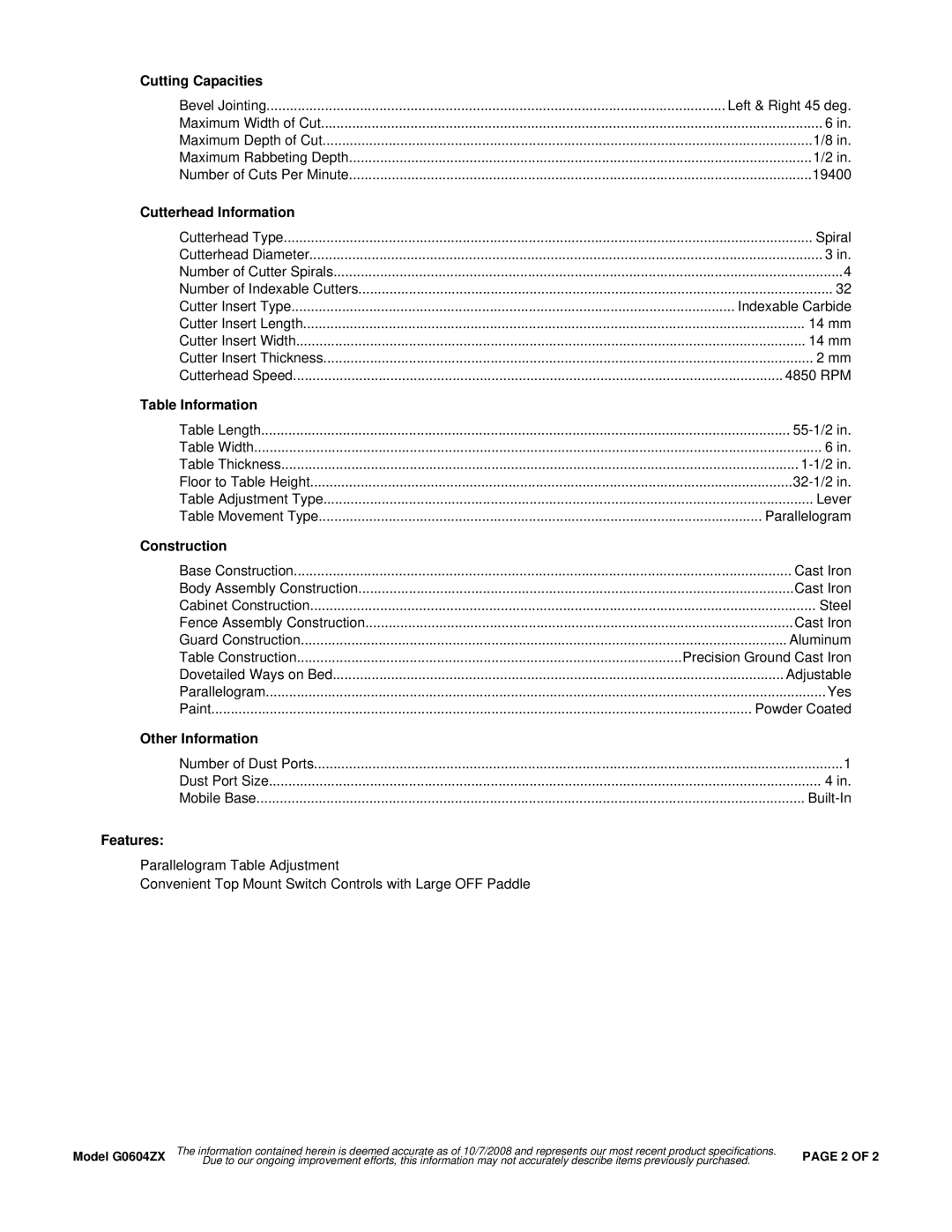 Grizzly BT-160X Cutting Capacities, Cutterhead Information, Table Information, Construction, Other Information, Features 