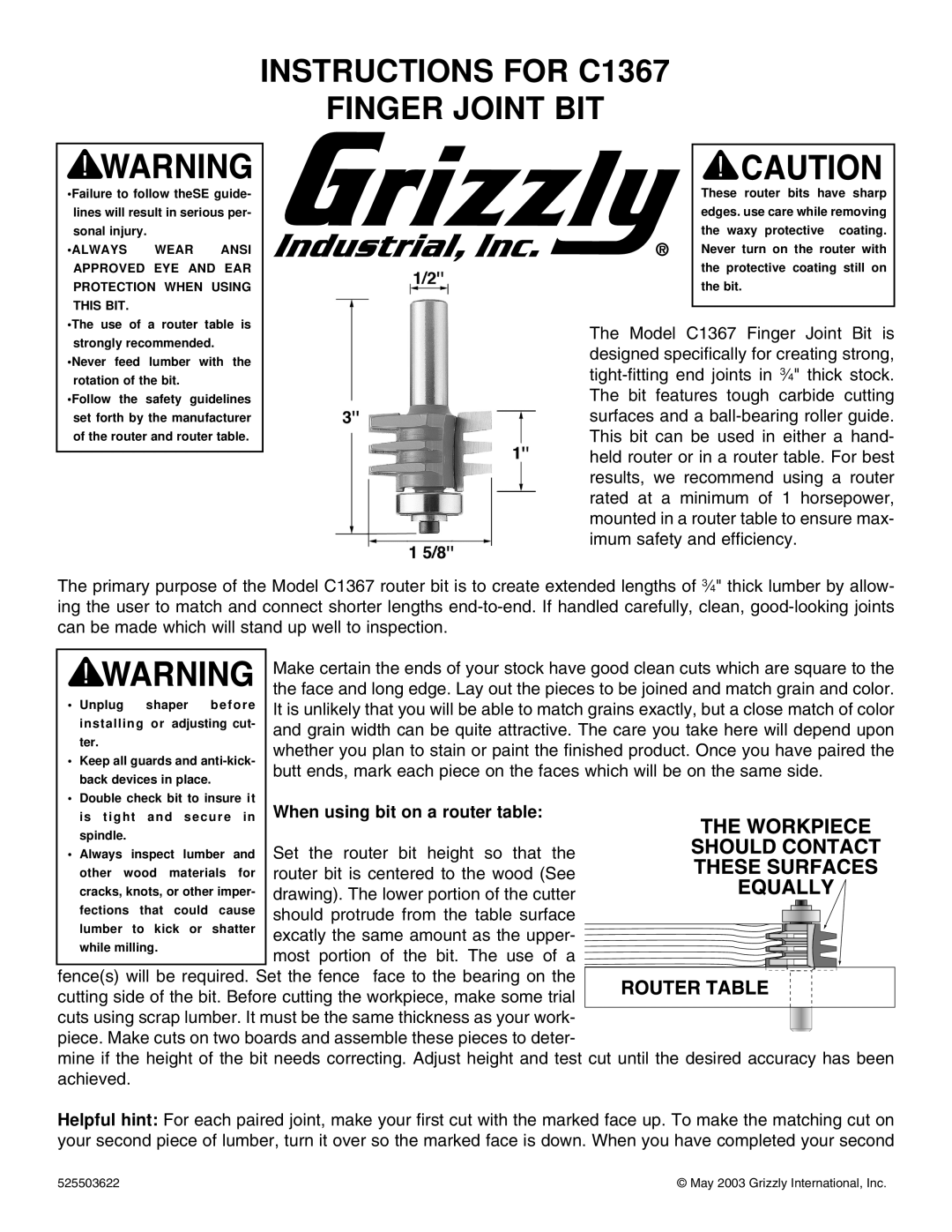 Grizzly manual Instructions for C1367 Finger Joint BIT 