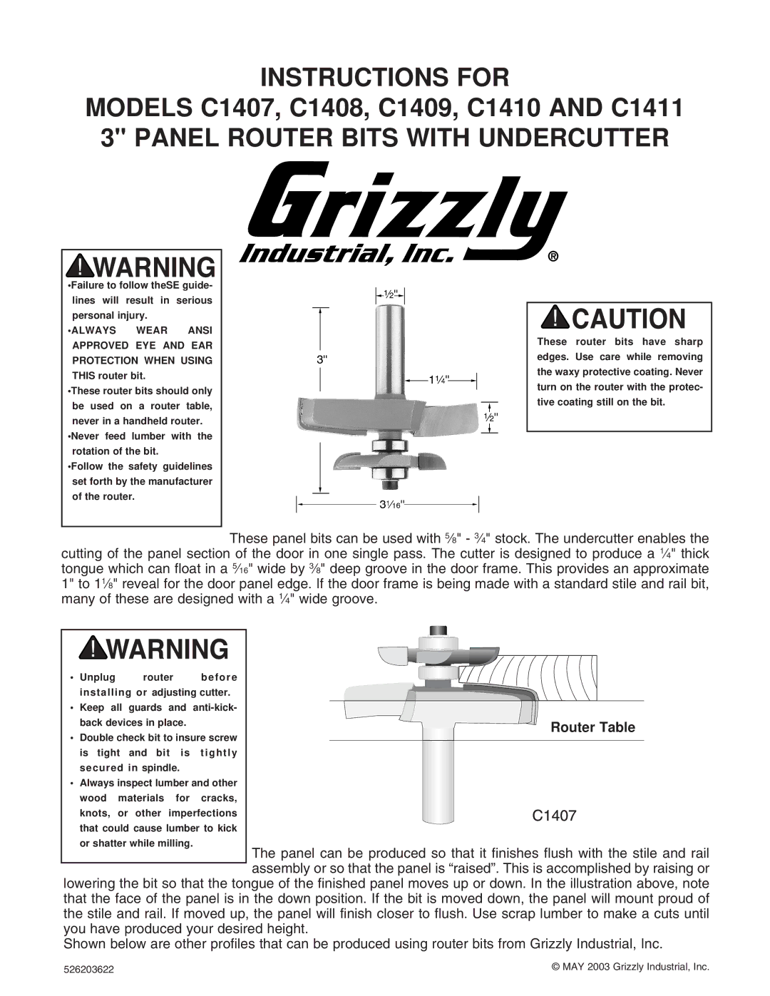 Grizzly C1407 manual Instructions for, Router Table 