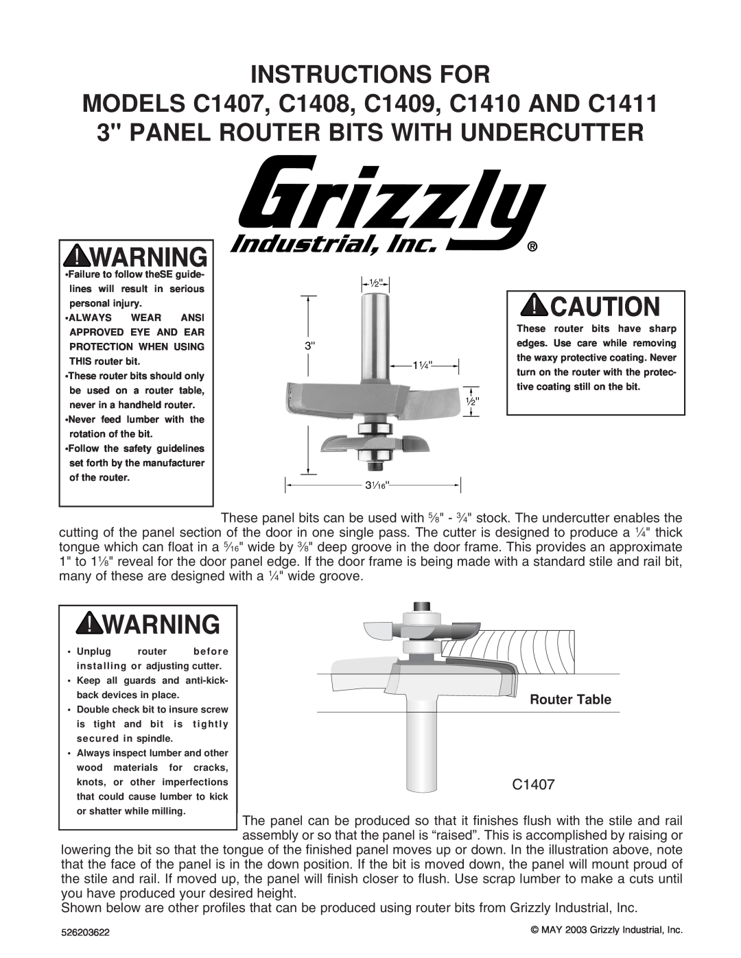 Grizzly C1407 manual Instructions For, Router Table 