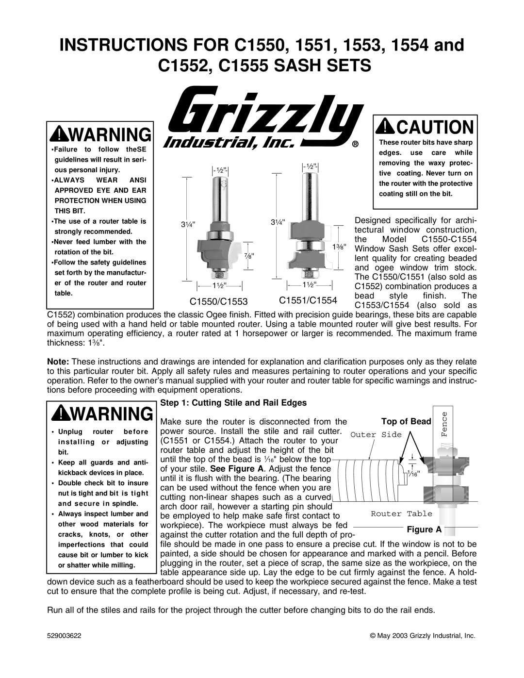 Grizzly 1554, C1550, C1555, 1551 owner manual Cutting Stile and Rail Edges, Top of Bead, Fence, Outer Side, Router Table 