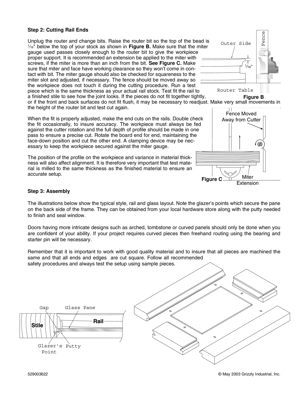 Grizzly C1555, C1550, 1554, 1551, C1552, 1553 owner manual Cutting Rail Ends, Assembly, Gap Glass Pane Glazers Putty Point 