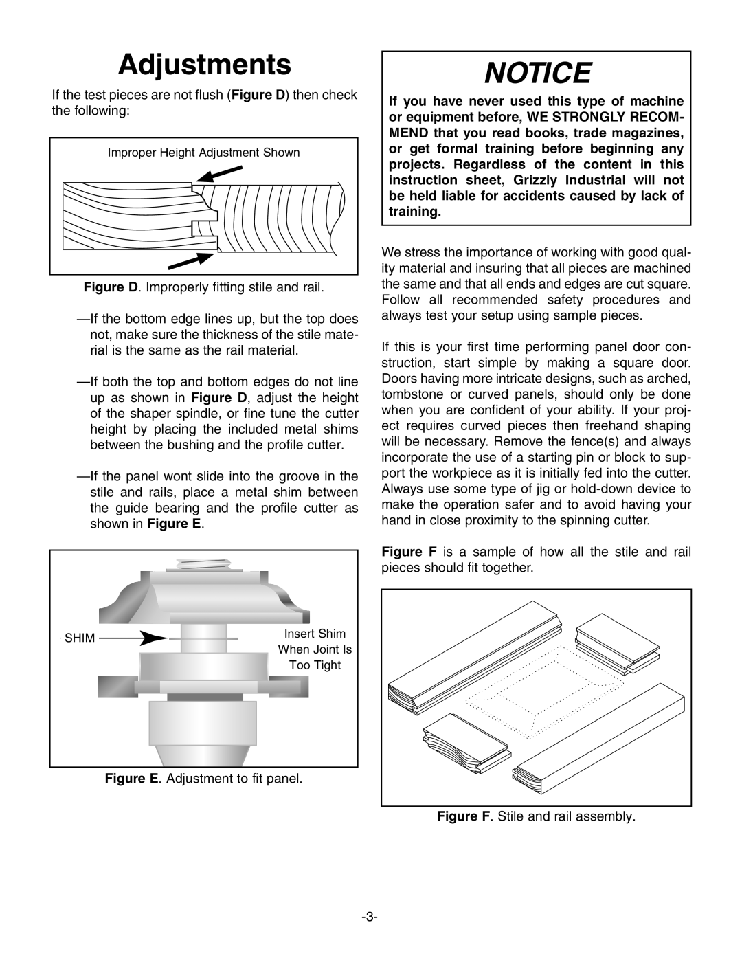 Grizzly C2314-C2317 manual Adjustments, Figure E. Adjustment to fit panel 