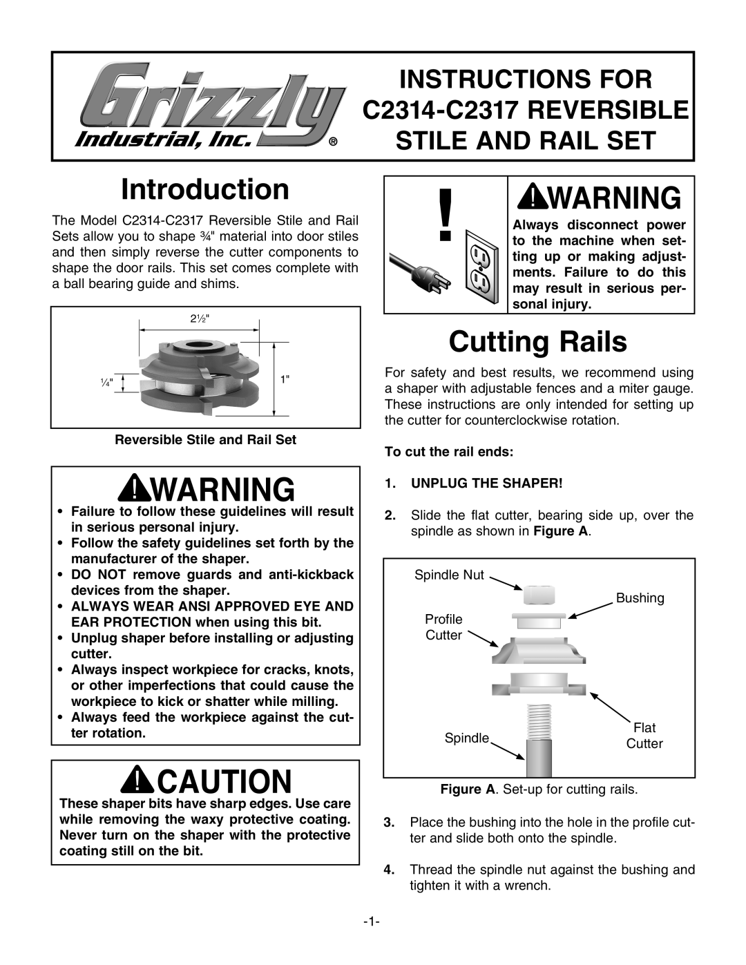 Grizzly manual Introduction, Cutting Rails, Instructions For, Stile And Rail Set, C2314-C2317 REVERSIBLE 