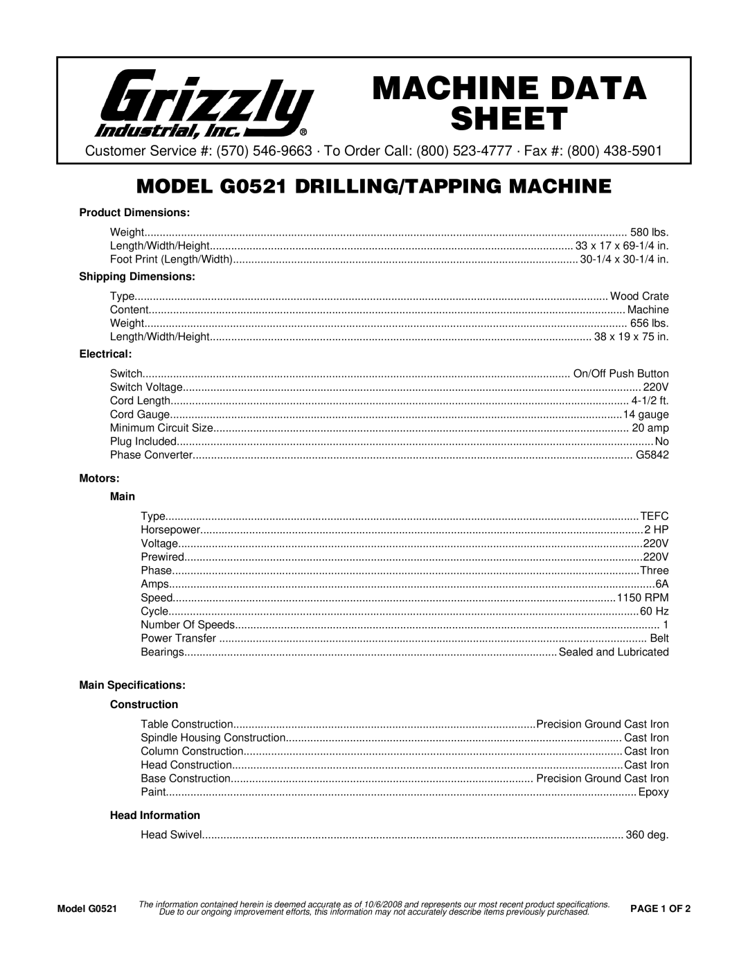 Grizzly CR550HC specifications Product Dimensions, Shipping Dimensions, Electrical, Motors Main, Head Information 