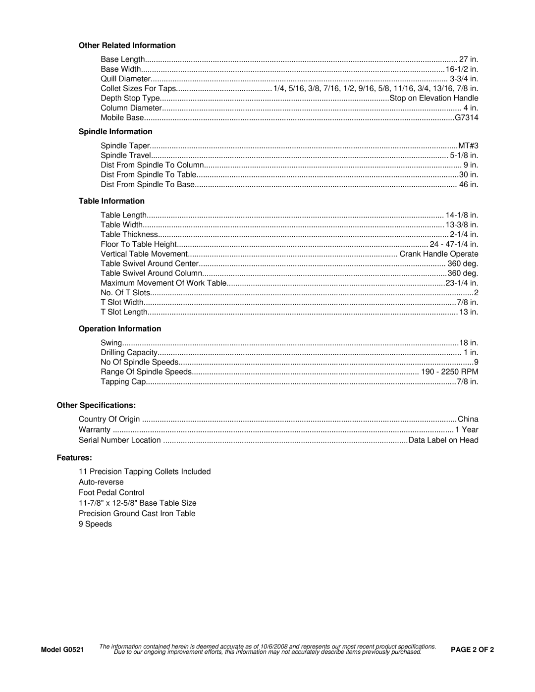 Grizzly CR550HC Other Related Information, Spindle Information, Table Information, Operation Information, Features 