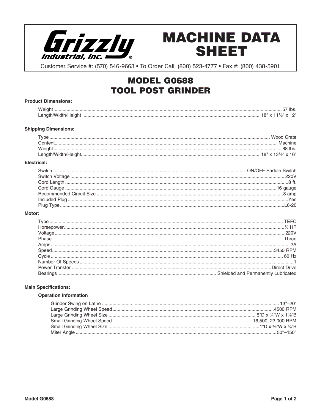 Grizzly D2X dimensions Machine Data Sheet, Model G0688 Tool Post Grinder 